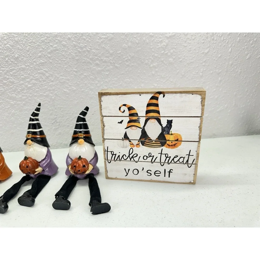 Halloween Gnome Decor Lot 6 Witch Gnomes Dangly Legs Pumpkins Skulls